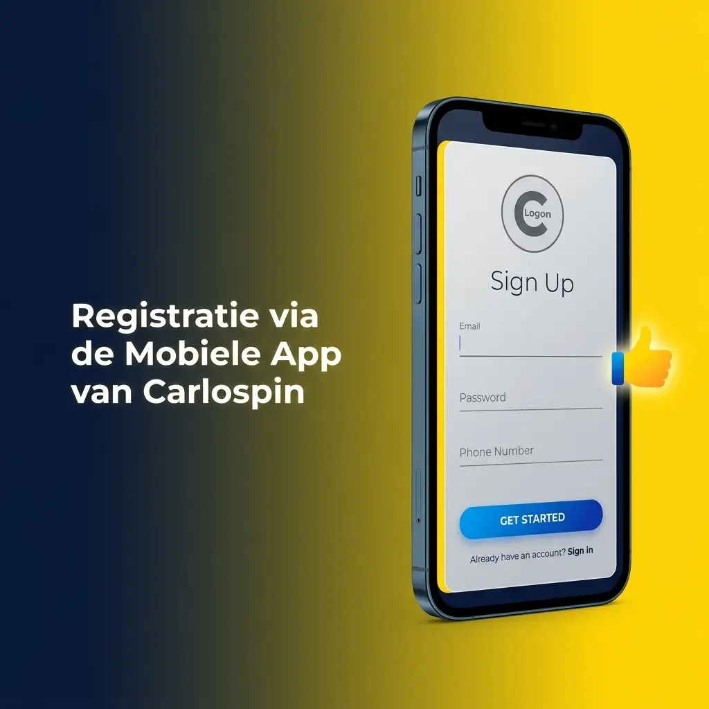 Carlospin mobiele app registratieproces op touchscreen met stappen voor accountaanmaak